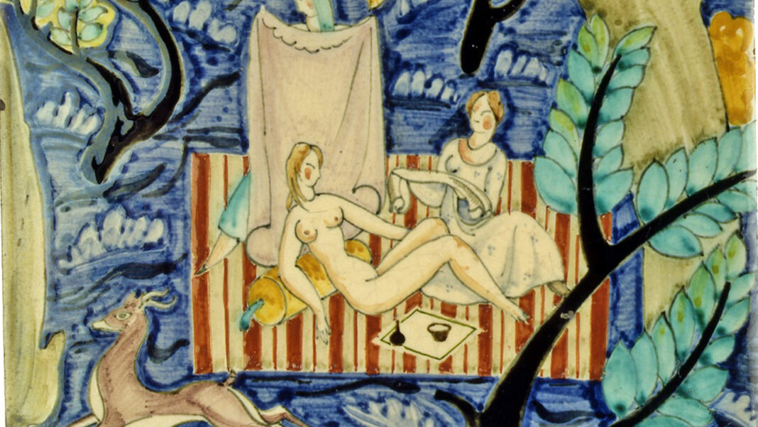 Manifattura Cantagalli, Piastrella quadrata maiolica policroma